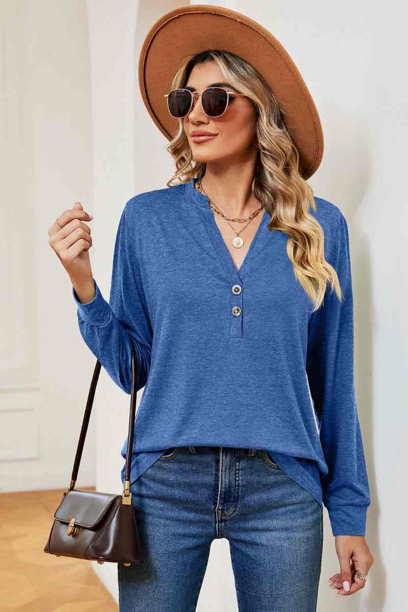 CWTBLL2834_V-NECK BUTTON-UP LONG-SLEEVED BAGGY TOP