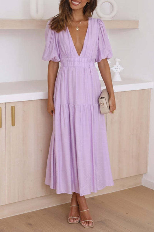 CWDMD1911_WOMEN'S SEXY DEEP V MID-SLEEVE LONG DRESS