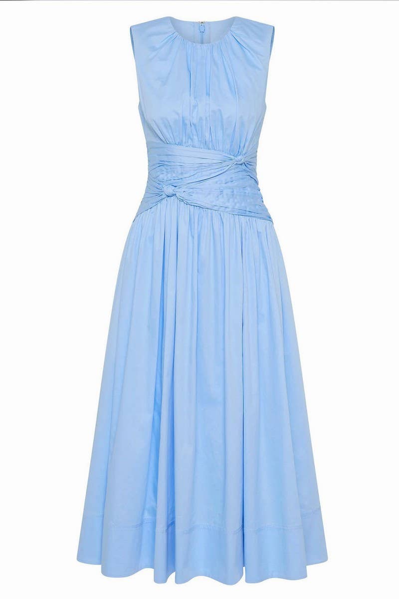 CWDMD6379_BLUE PLEATED POCKET WIDE-HEM MIDI DRESS