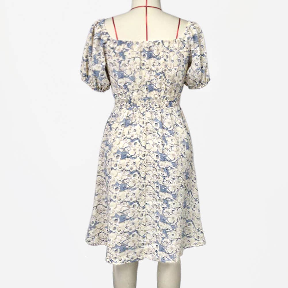 Crew neck print slim-fit dress with puffy sleeves