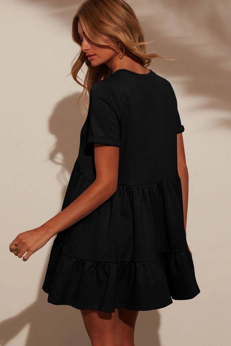 CWDSD7774_CASUAL POCKETED SHORT SLEEVE RUFFLED DRESS
