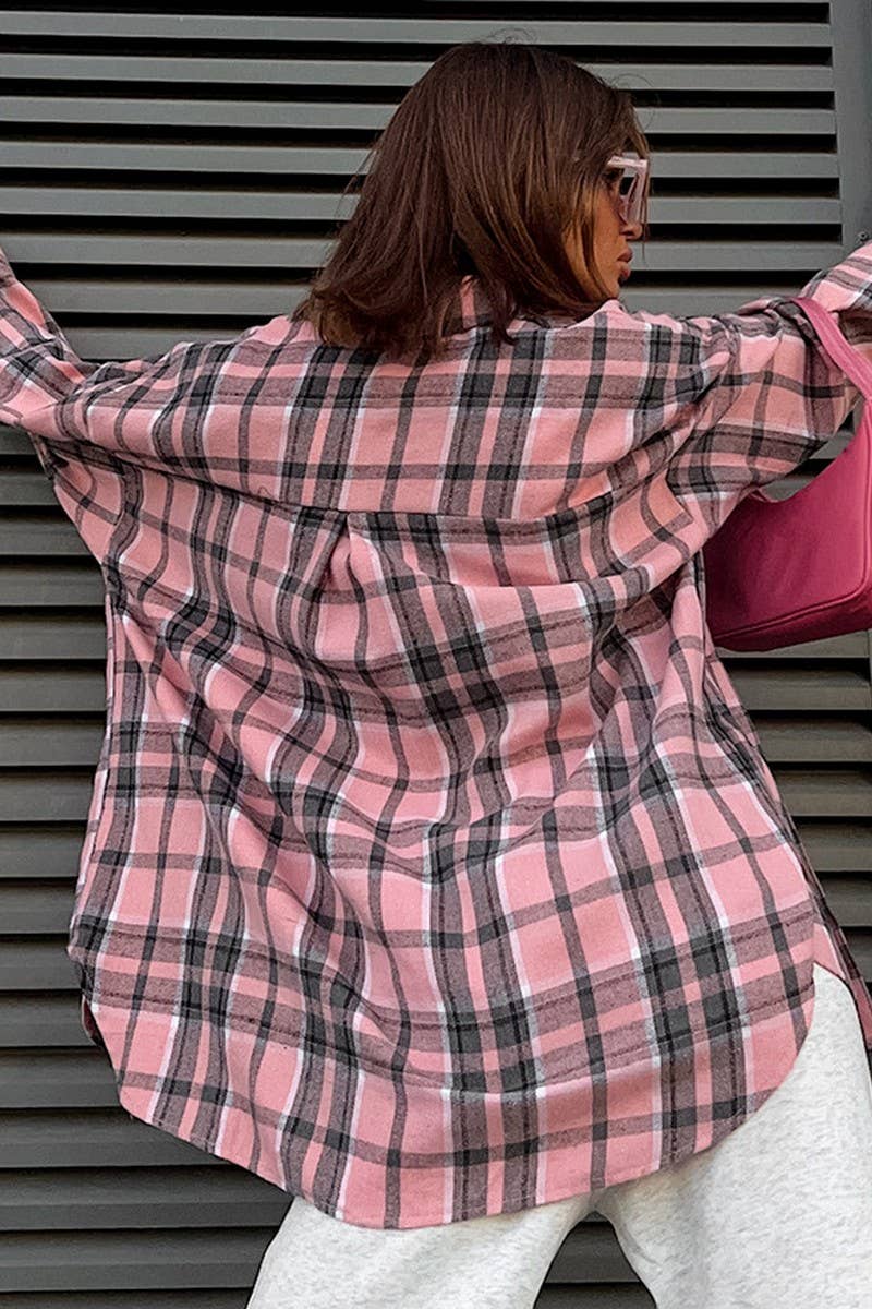 CWTBLL00629_PINK GIRLISH PLAID LOOSE LONG-SLEEVED SHIRT