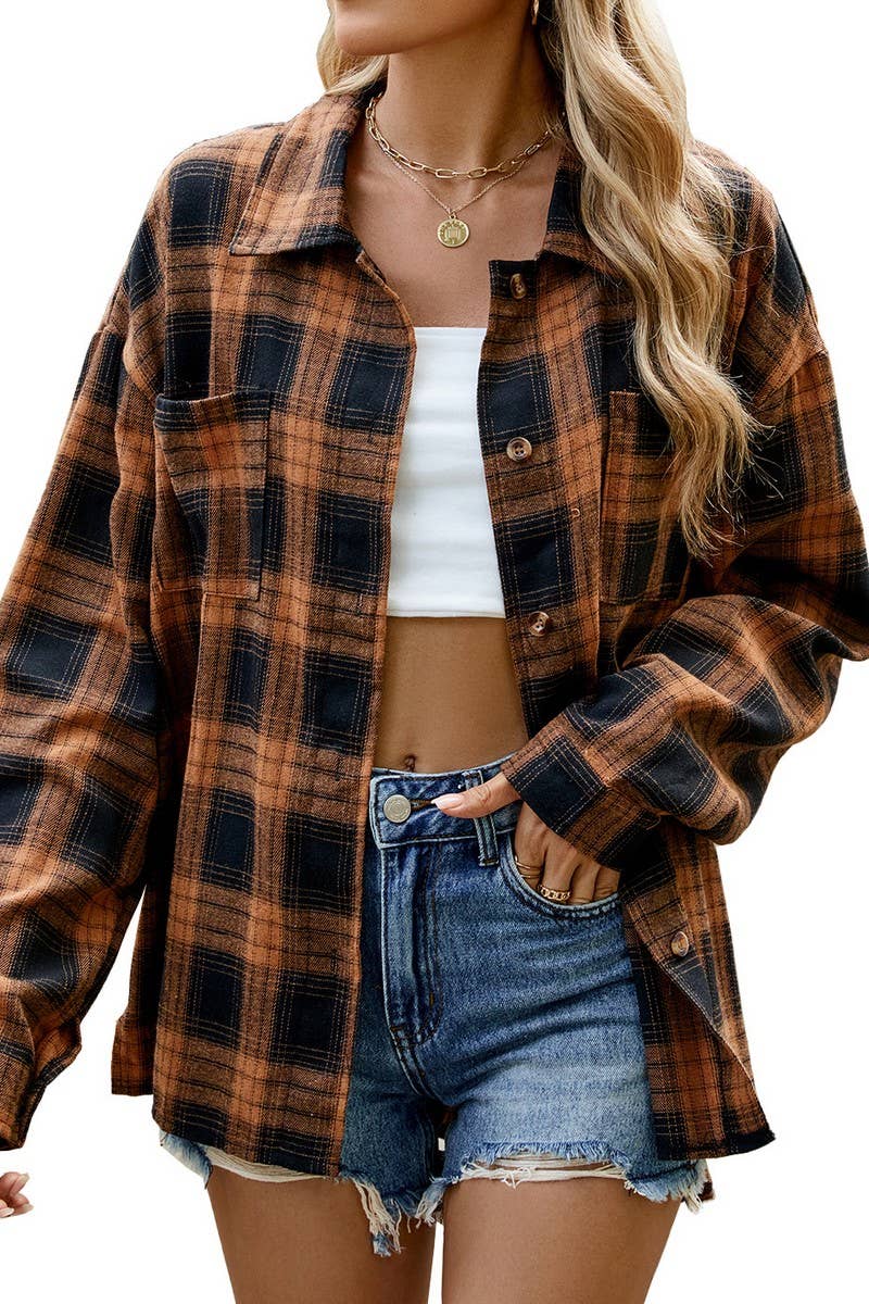 CWOCO0473_LAPEL PLAID CONTRAST LONG SLEEVE SHIRT COAT