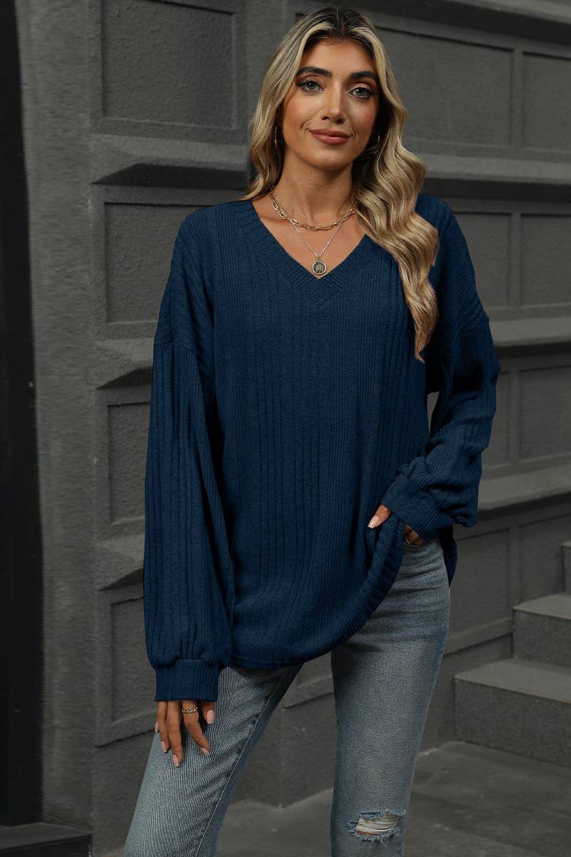 CWOSWL6852_SOLID COLOR V-NECK LOOSE CASUAL LONG-SLEEVED T-SH