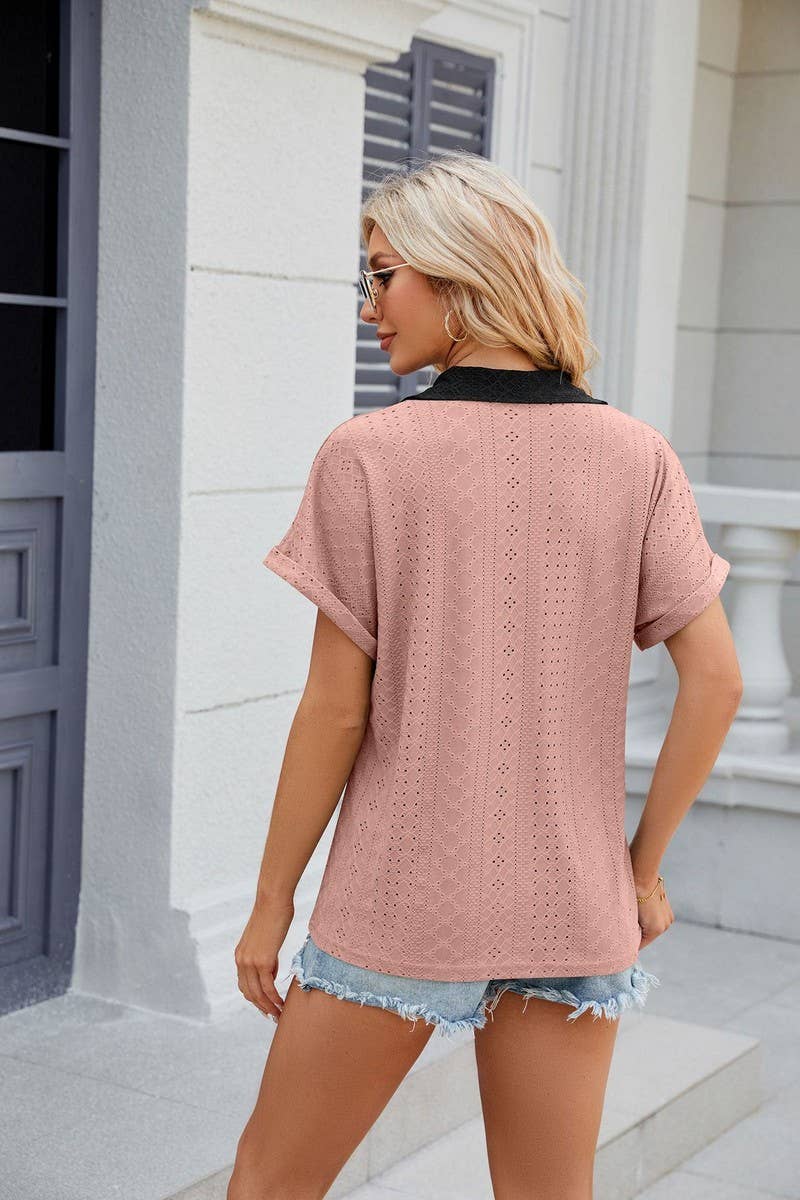 CWTTS0832_V-Neck Short Sleeve Knit Top