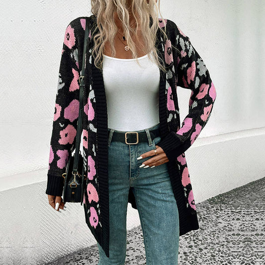 FLOWER JACQUARD MEDIUM LENGTH UNBUTTONED CARDIGAN