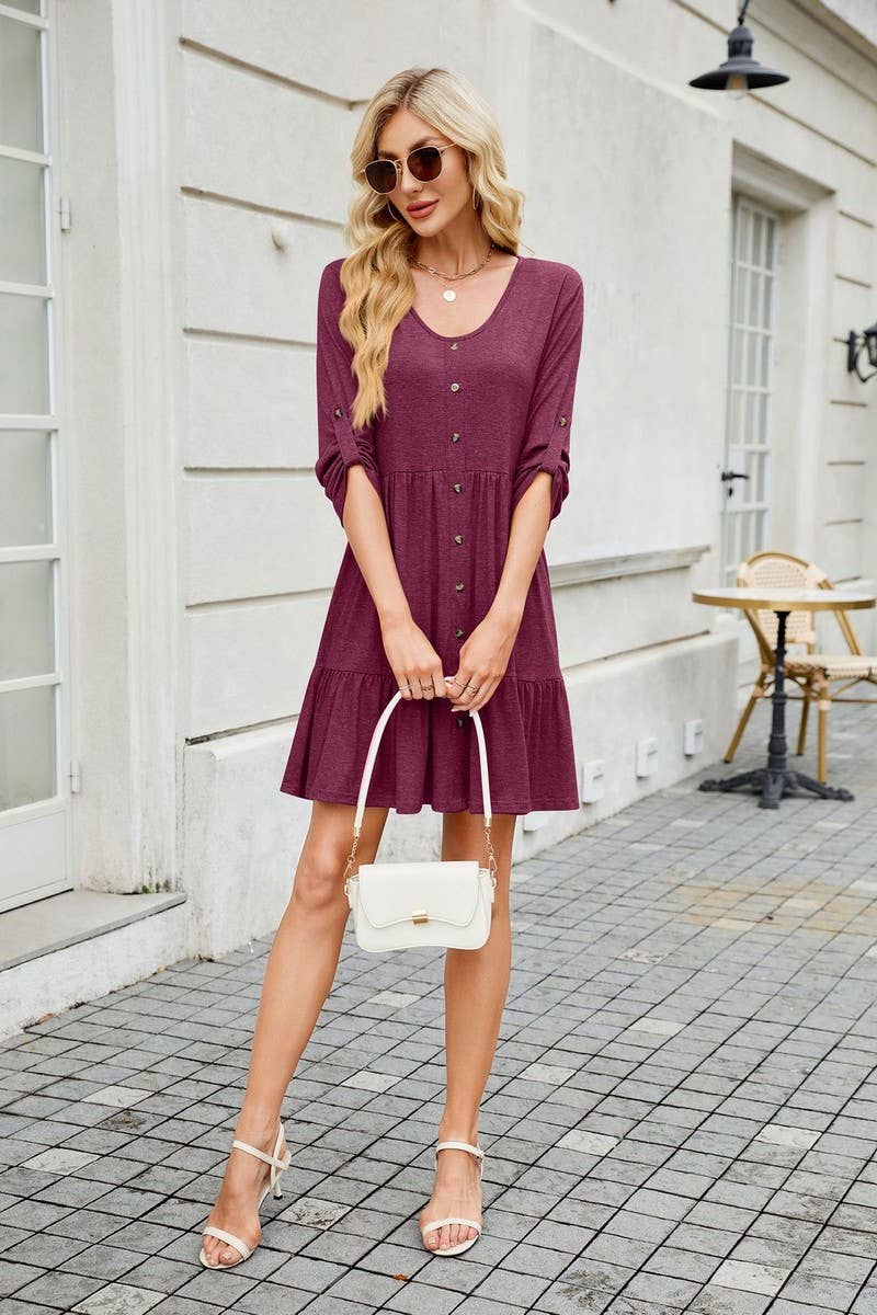 CWDSD8716_V-NECK LONG SLEEVE BUTTON FRONT LOOSE SOLID DRESS