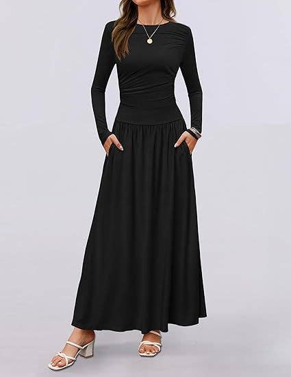 CREW NECK PLEATED POCKET SLIM LONG-SLEEVE DRESS