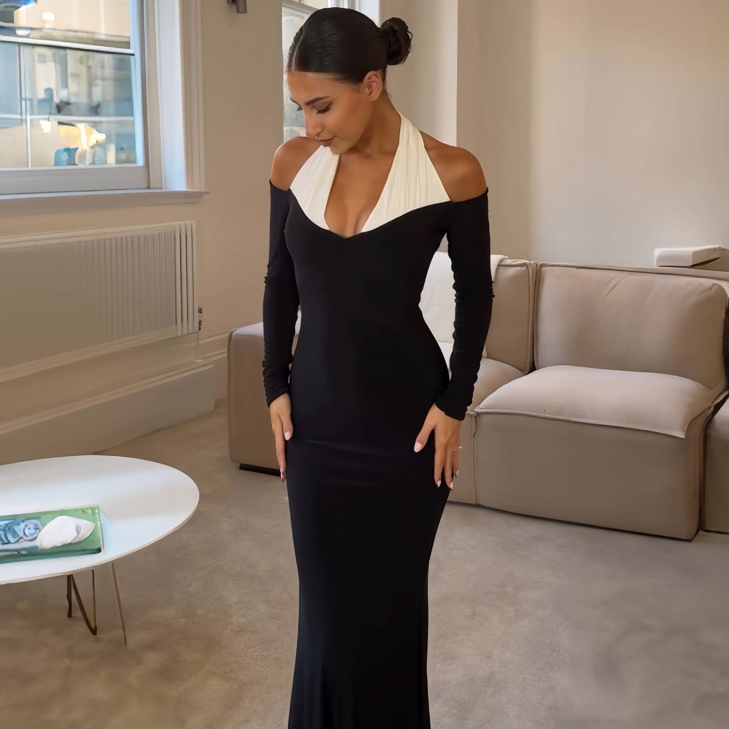 BLACK LONG-SLEEVED FASHION ONE-SHOULDER DRESS