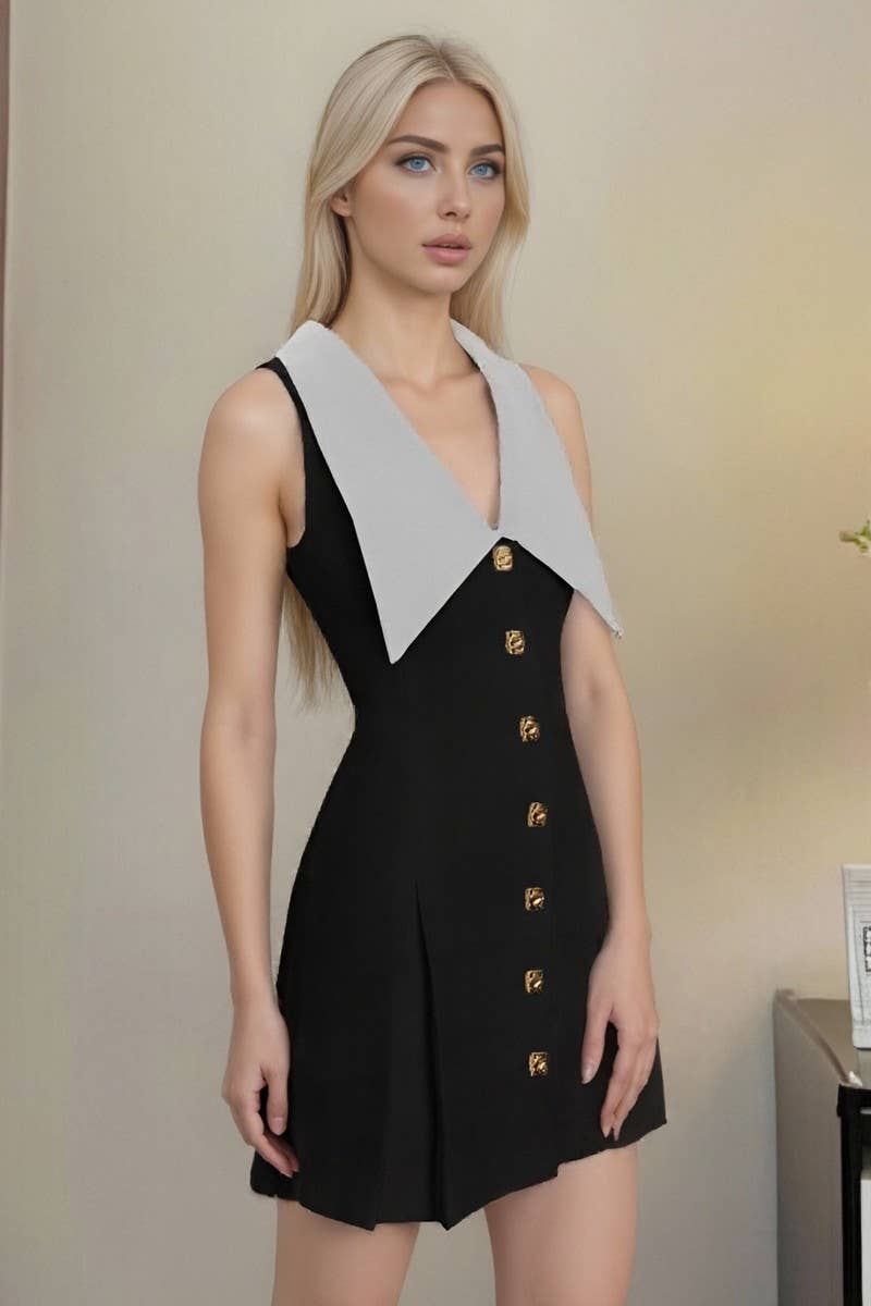 CWDSD8910_SLEEVELESS LAPEL METAL BUTTON DRESS