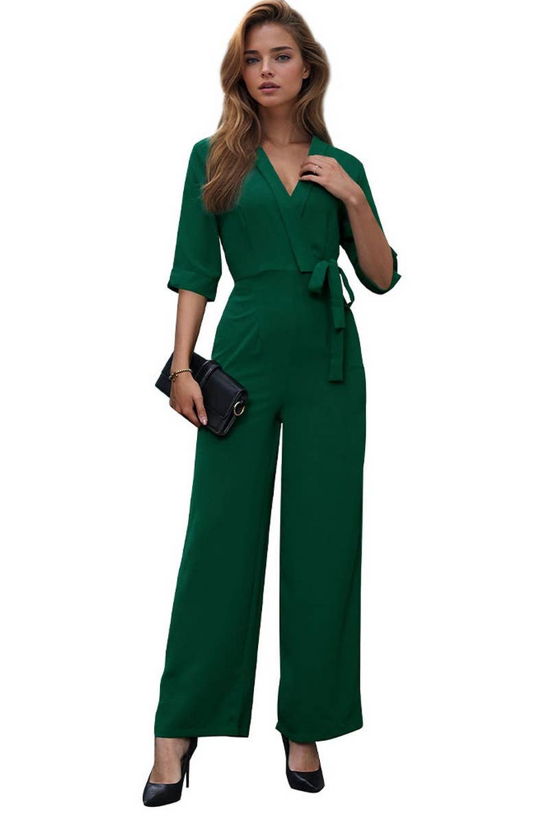 CWSJS0643_MID-SLEEVE SOLID COLOR LONG JUMPSUIT