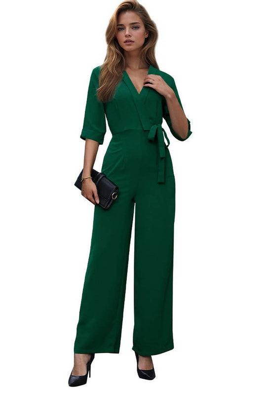 CWSJS0643_MID-SLEEVE SOLID COLOR LONG JUMPSUIT