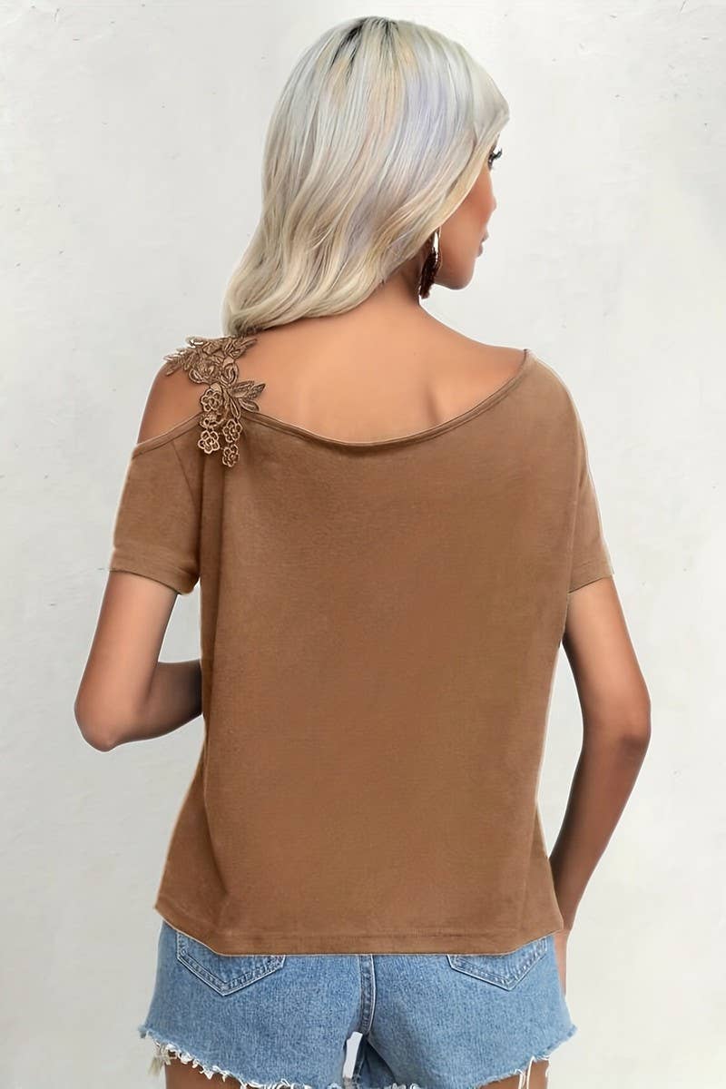 CWTBLS1538_SOLID COLOR STITCHING LACE SHORT-SLEEVED TOP