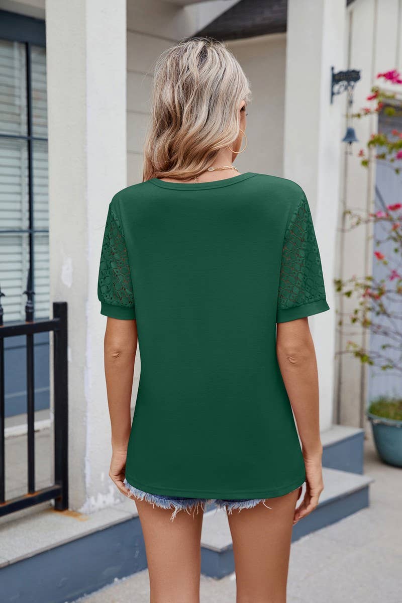 CWTBLS1738_SOLID COLOR V-NECK SHORT-SLEEVED T-SHIRT TOP