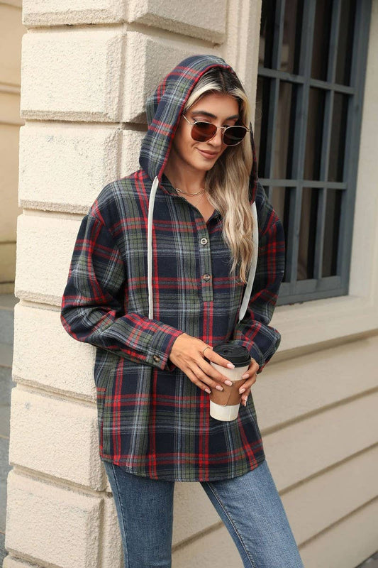 CWOHOL0721_CHECKED DRAWSTRING HOODED LONG-SLEEVED SWEATSHIRT