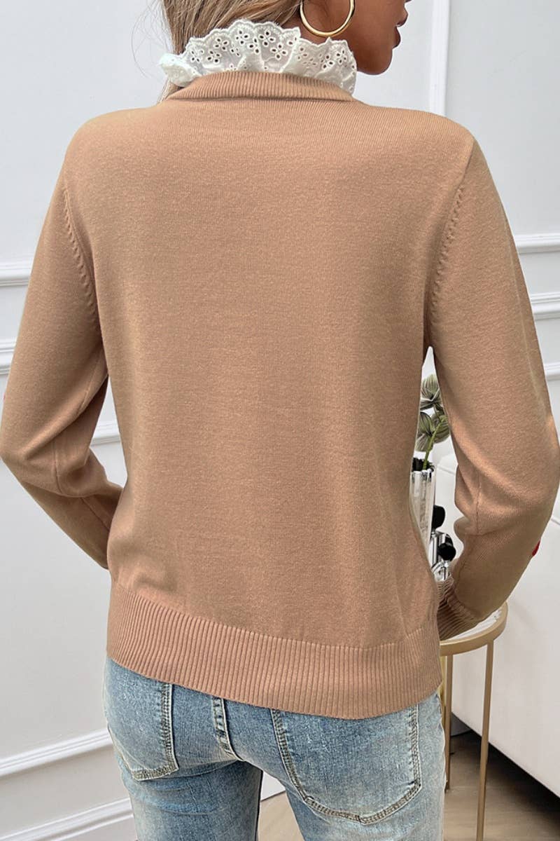 CWOSWL4449_LACE LACE NECKLINE LOVE LONG-SLEEVED SWEATER