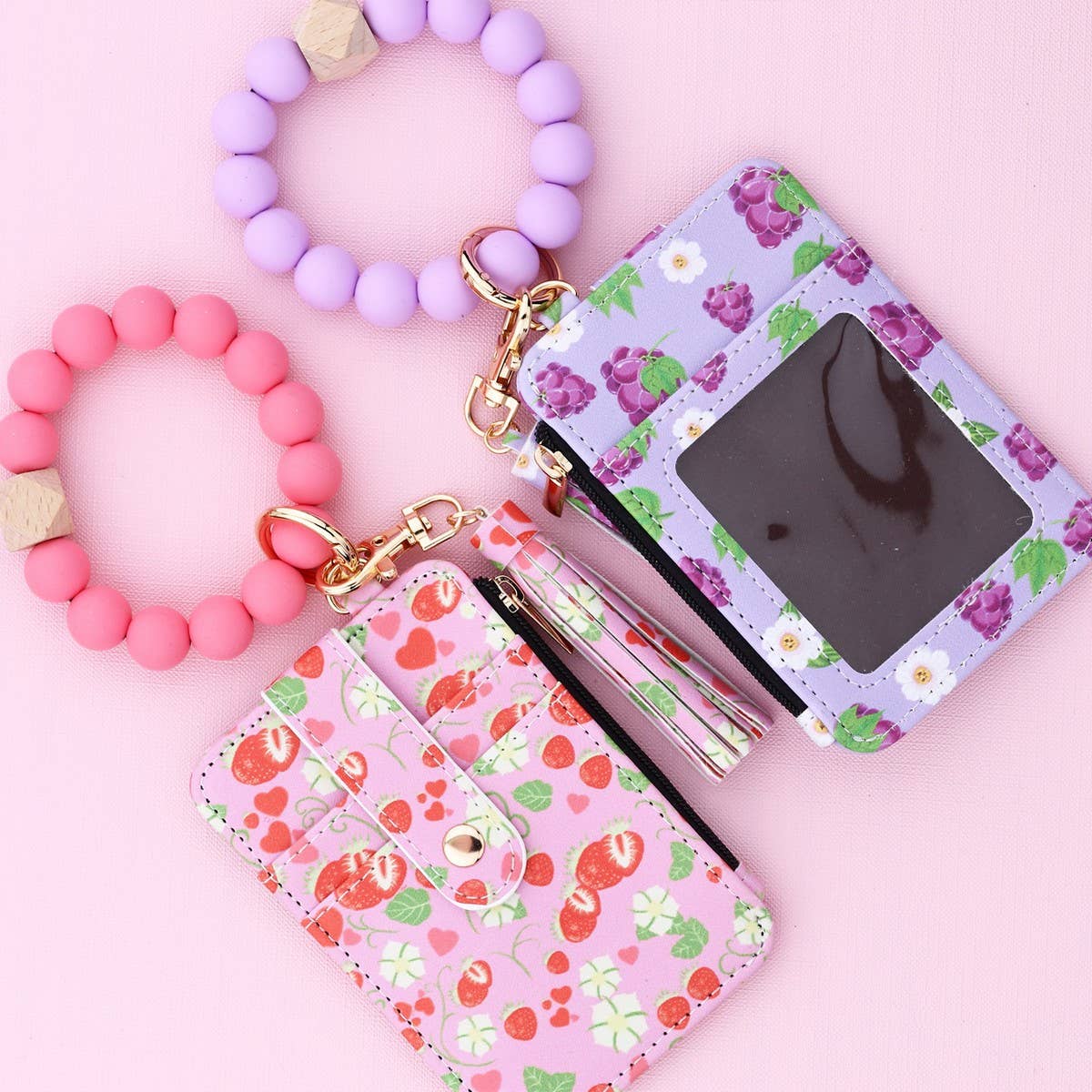 Printed Card Wallet with Beaded Bracelet Keychain_CWAB4945
