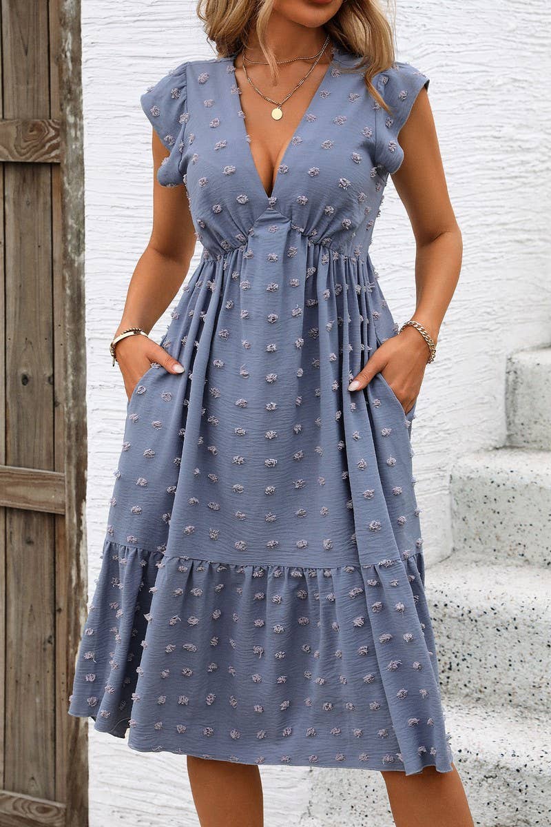 CWDMD1924_DEEP V-NECK SHORT SLEEVES JACQUARD MIDI DRESS