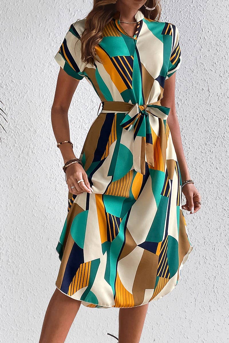 CWDSD7880_COLORBLOCK BELTED SHORT SLEEVE MIDI DRESS