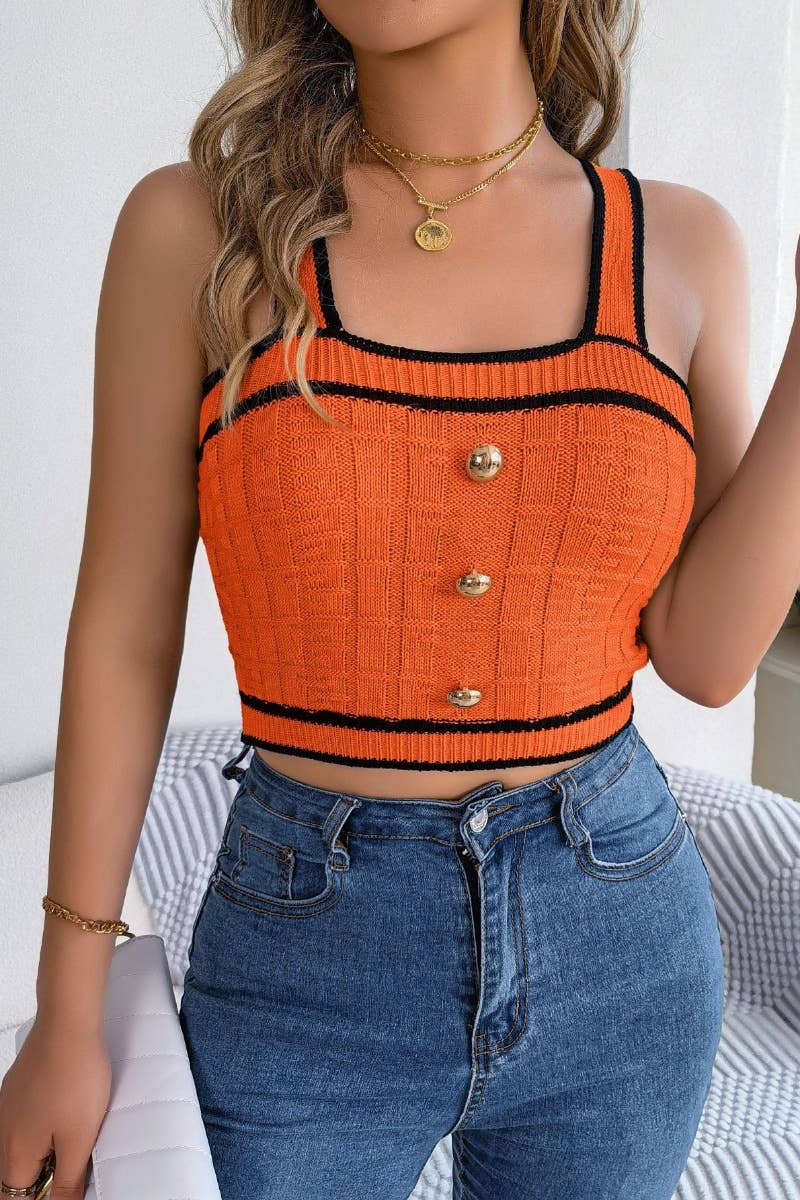 CWOV0304_SUMMER KNIT BUTTON-UP SLEEVELESS CROP TANK TOP