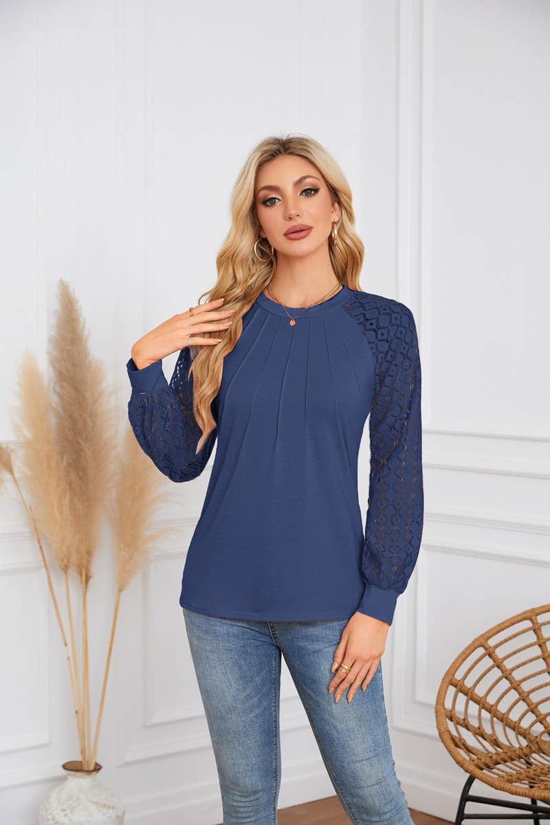 CWTBLL4096_LACE PANEL ROUND NECK PLEATED LONG SLEEVE TOP