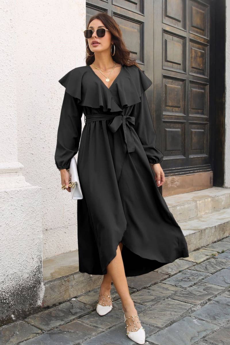 CWDMD3959_AUTUMN RUFFLED LONG-SLEEVED LACE-UP DRESS