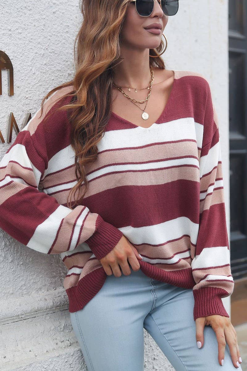 CWOSWL4199_STRIPED GRADIENT V-NECK LONG SLEEVE SWEATER
