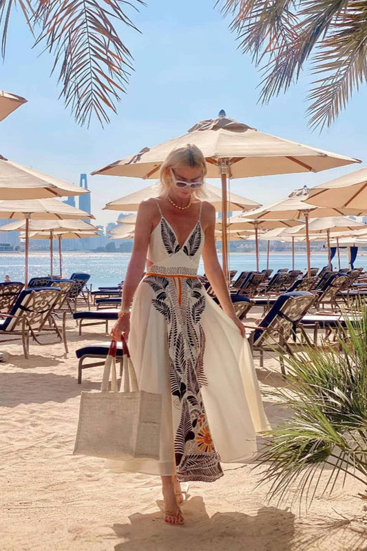 CWDHL0938_SUMMER BACKLESS LACE-UP V-NECK ELEGANT DRESS