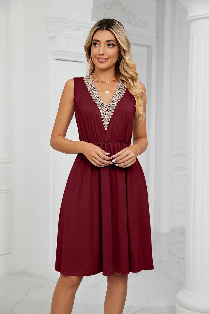 CWDSD3116_V-Neck Lace Trim Sleeveless Dress