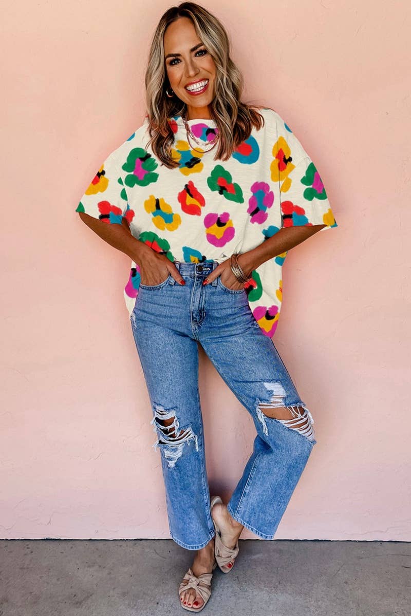 CWTBLS1262_CASUAL CREW-NECK MID-SLEEVE COLOR MATCHING TOP