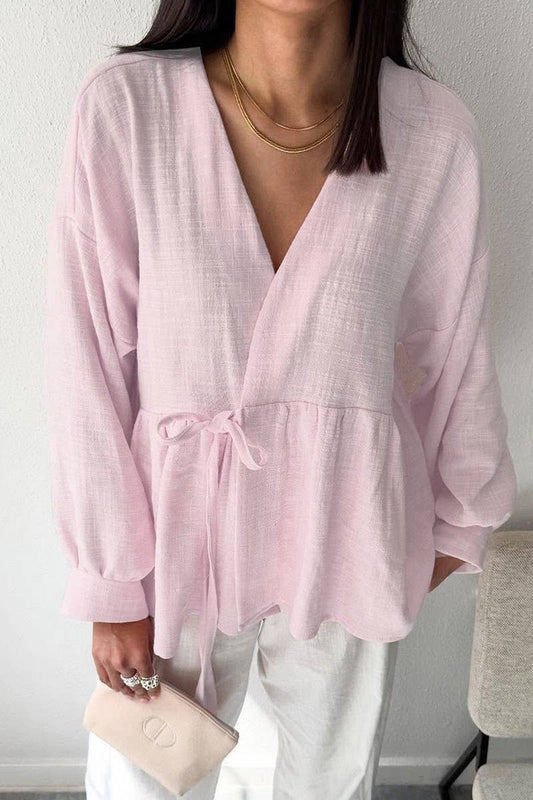 CWSTB00480_2025 SPRING FALL V NECK COTTON LINEN PANTS SET