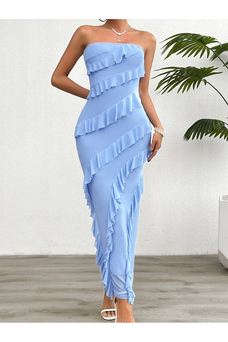 CWDMD2400_Sexy Strapless Backless Split Ruffle Dress