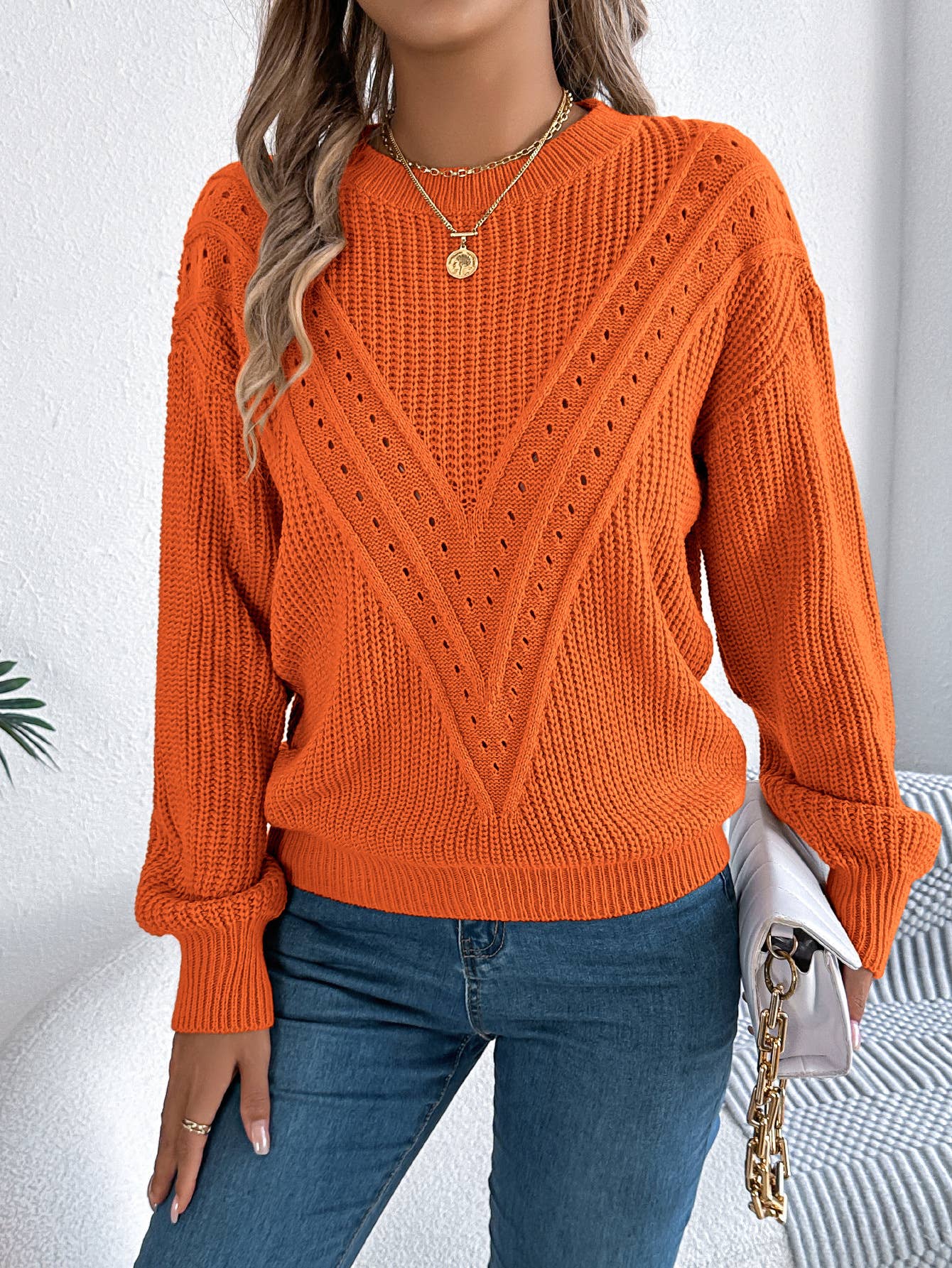 CASUAL V HOLLOWED OUT LANTERN SLEEVE SWEATER
