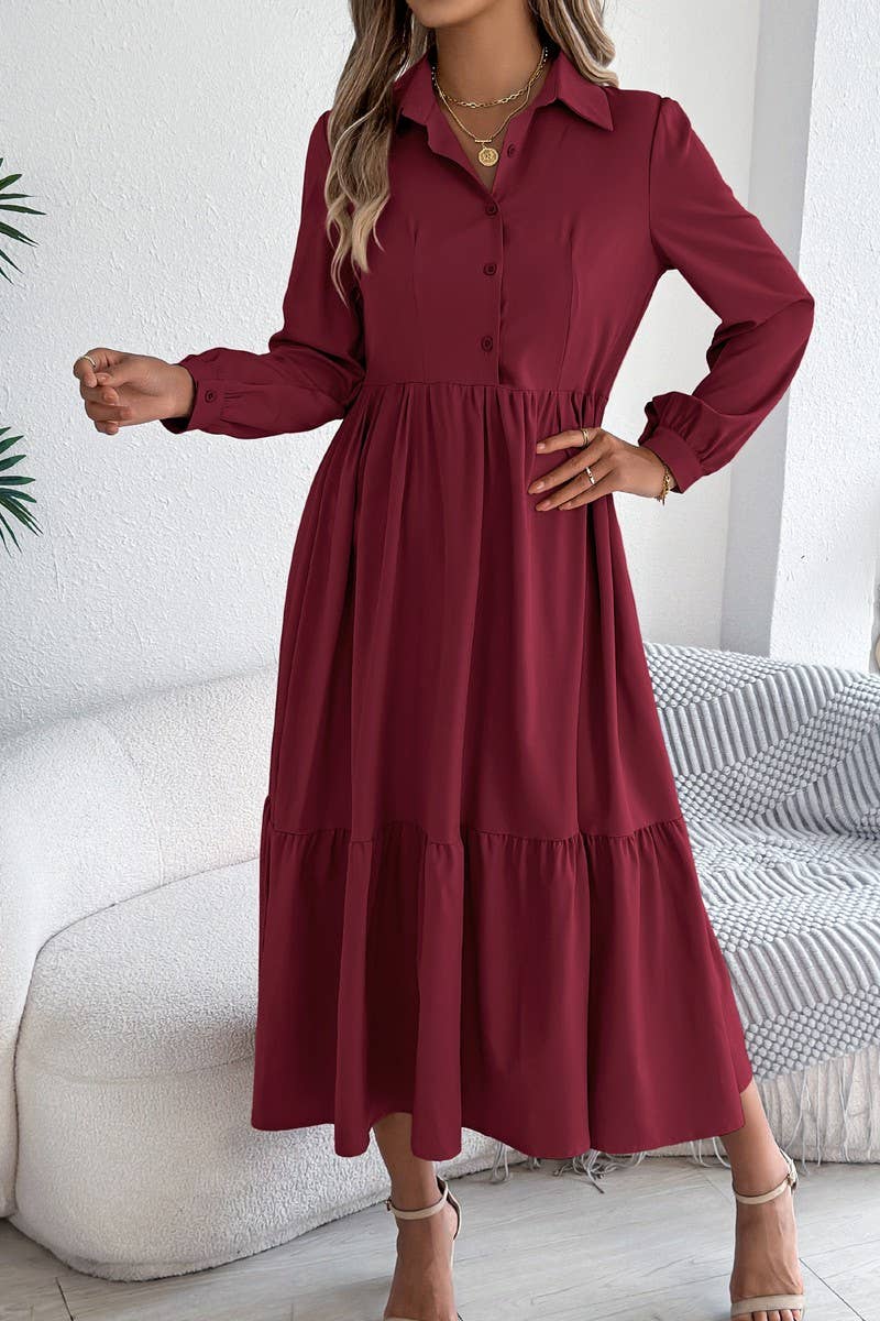 CWDMD6027_LOOSE FIT RUFFLE TRIM LONG SLEEVE SHIRT DRESS