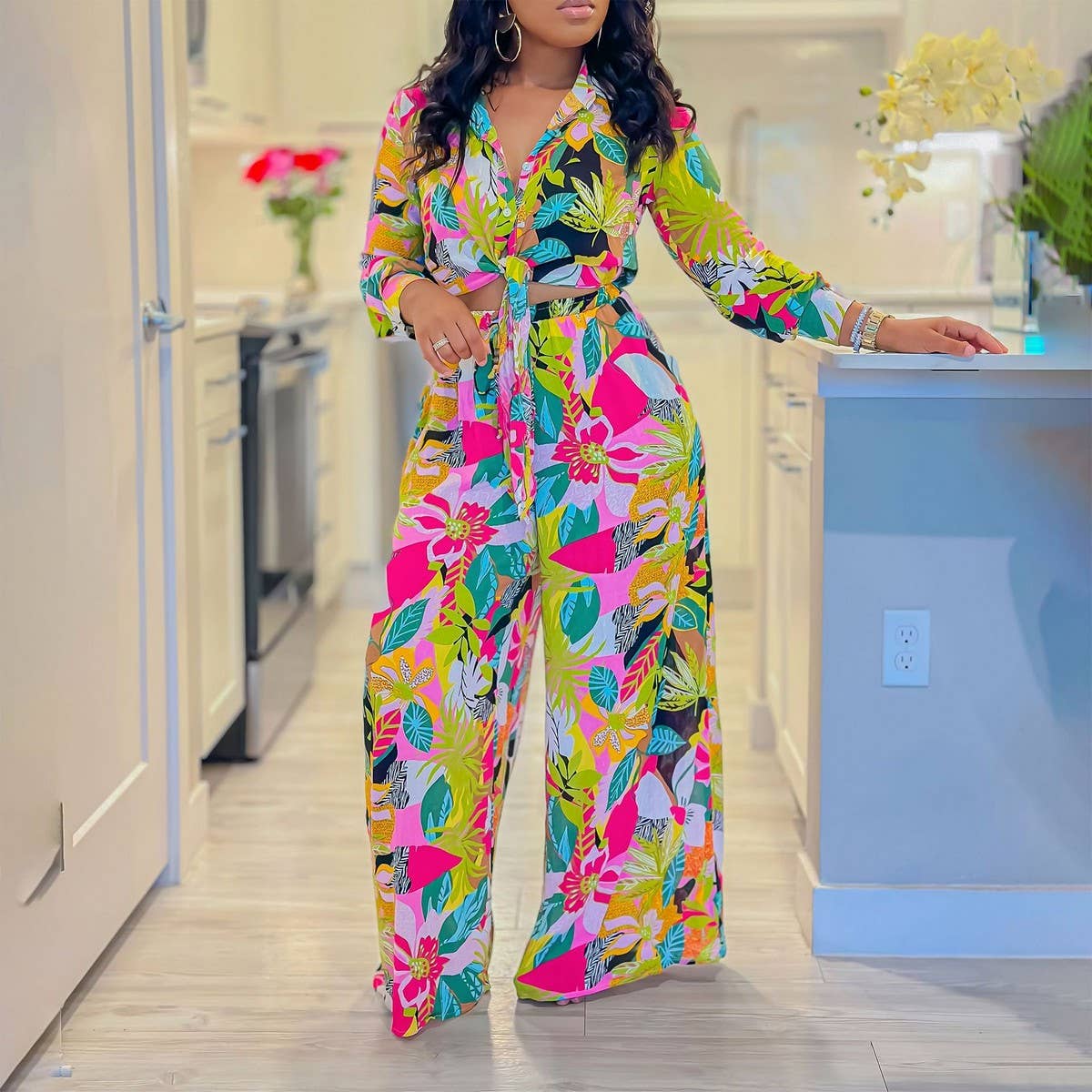 PRINTED TIE SHIRT WIDE-LEG PANTS TWO-PIECE SET_CWSTB1139
