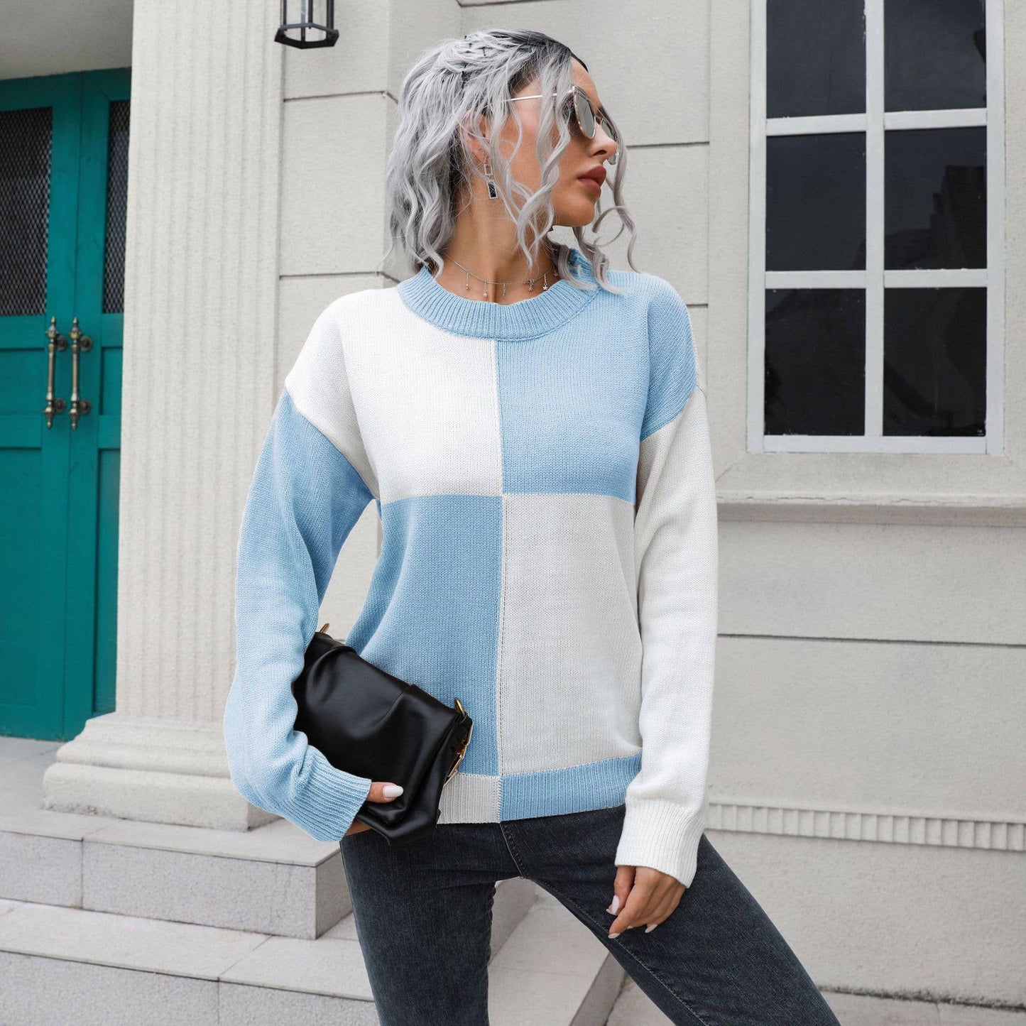 DESIGN SENSE CHECKERED LONG-SLEEVED SWEATER