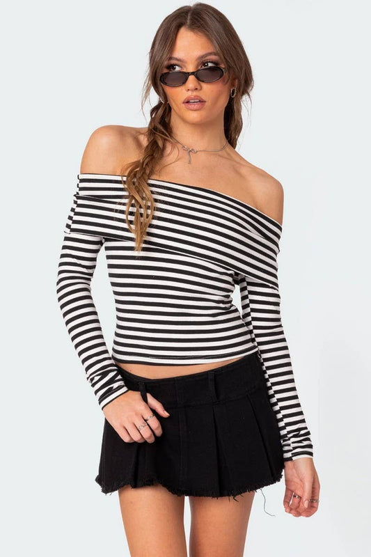CWTBLL3949_COLORBLOCK OFF SHOULDER SLIM FIT LONG SLEEVE TEE