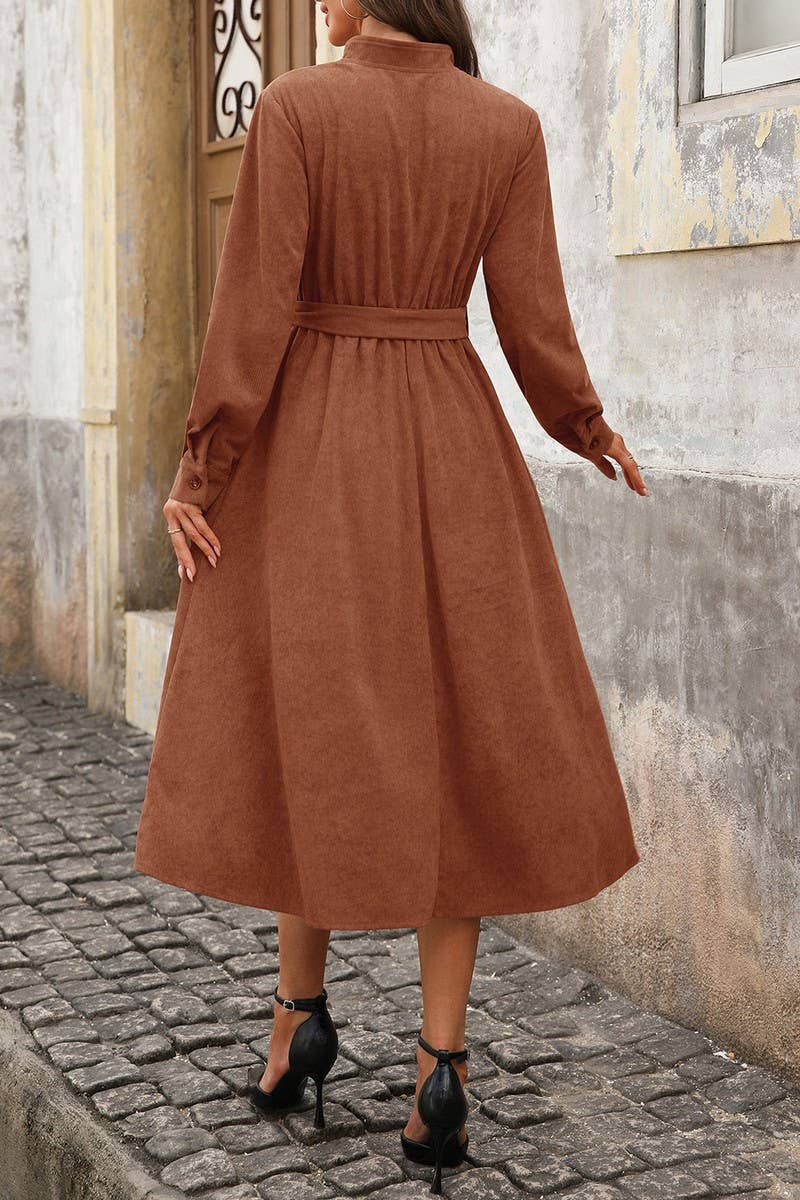 CWDMD01047_BROWN CORDUROY V-NECK LACE-UP COMMUTER DRESS