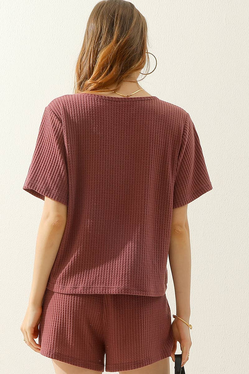CWSTB274-P_SOLID WAFFLE KNIT TEE TOP & WAIST SHORTS SET