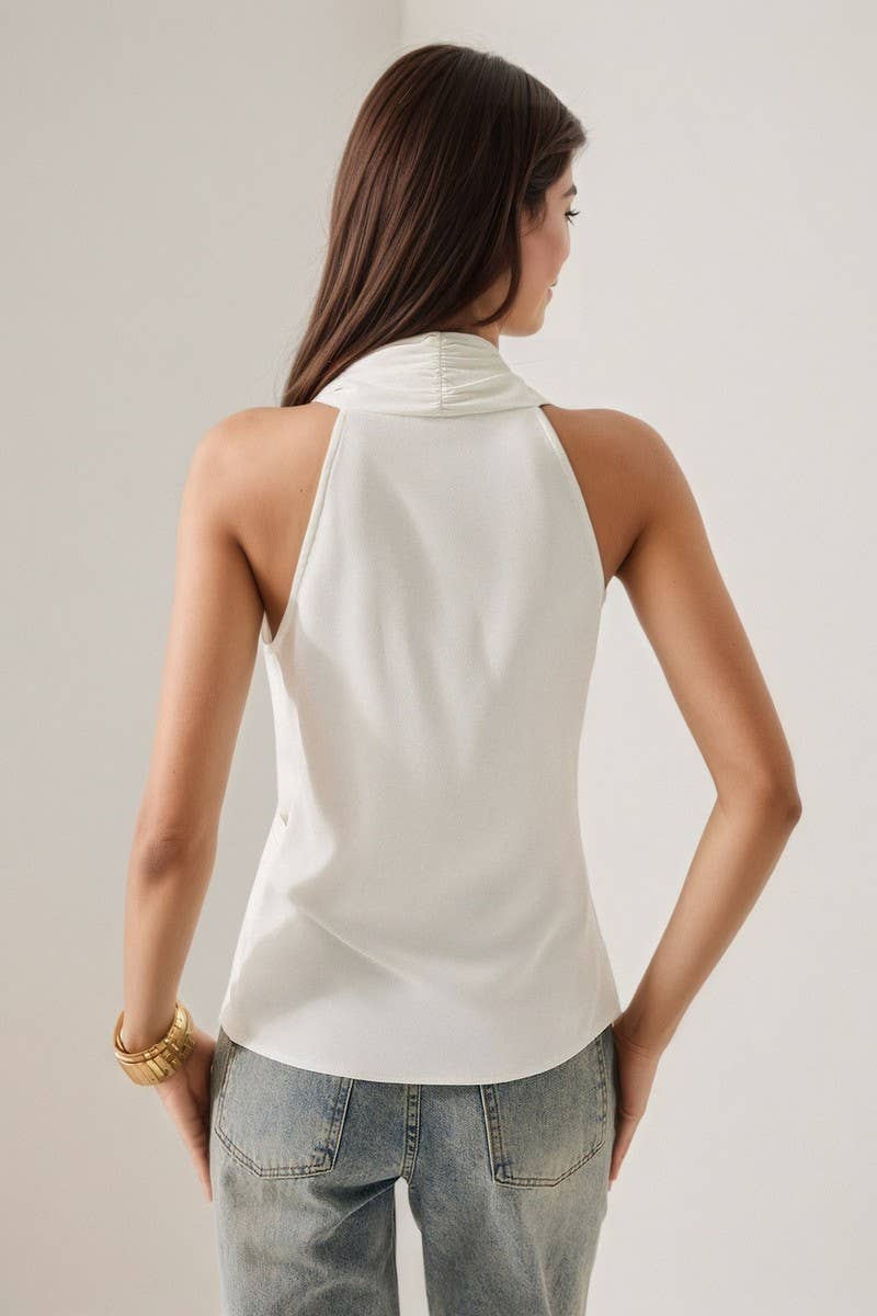 CWTBLSL0997_SATIN V-NECK TIE WAIST SLEEVELESS BLOUSE