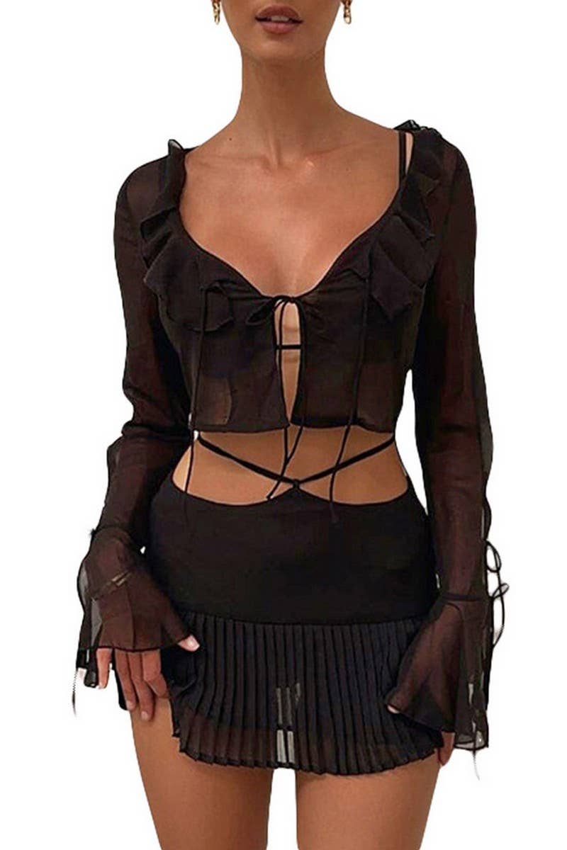 CWSTB2043_CHIFFON LONG SLEEVE TOP & PLEATED SKIRT SET