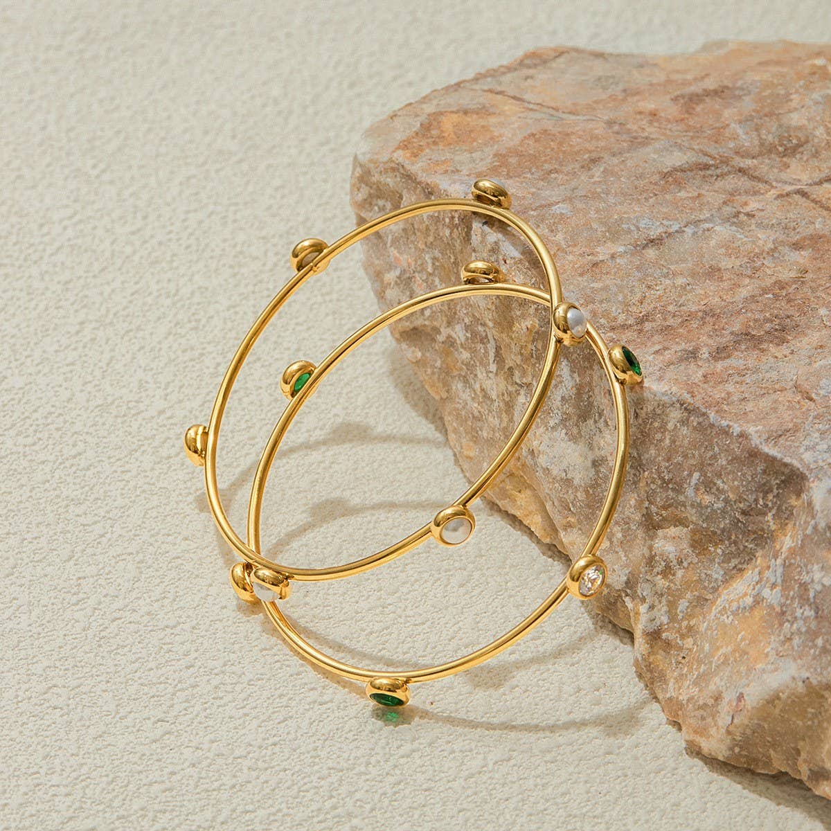 Classic 18K Gold Pearl Bangle, Stainless Steel