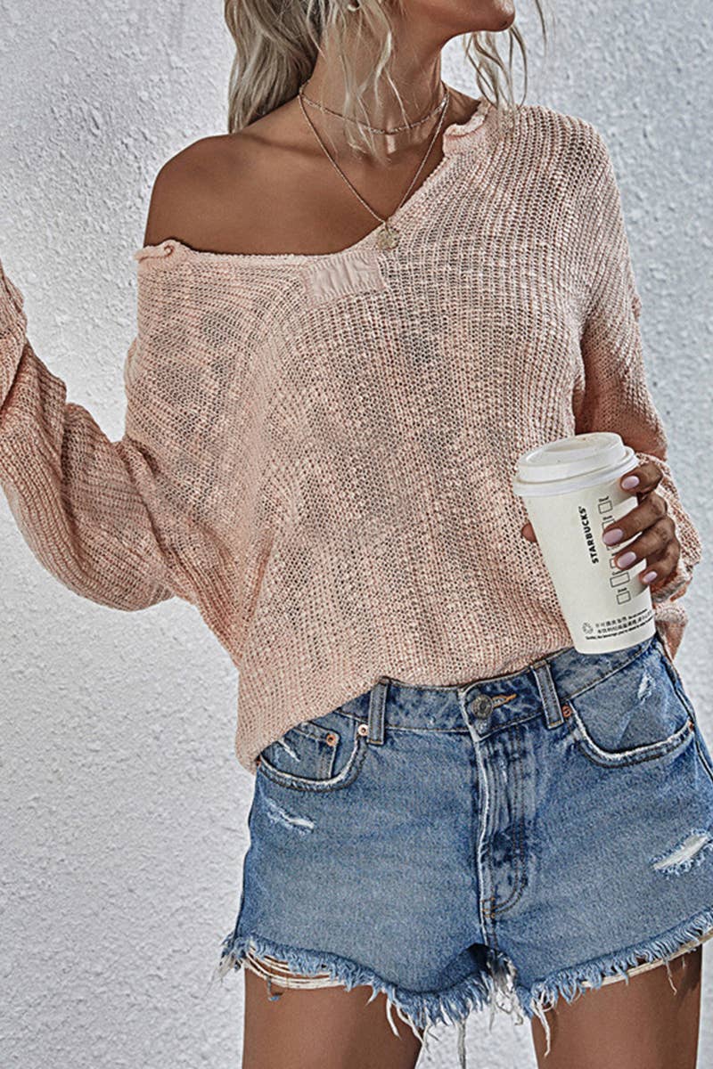 CWTTL1076  Long Sleeve Soft Casual V-Neck Pullover Sweater