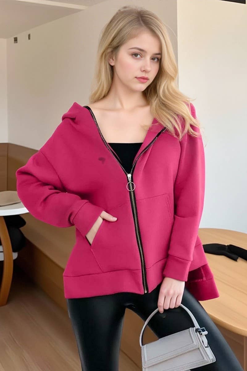 CWOCO00210_SOLID COLOR LOOSE HOODED ZIP-UP JACKET