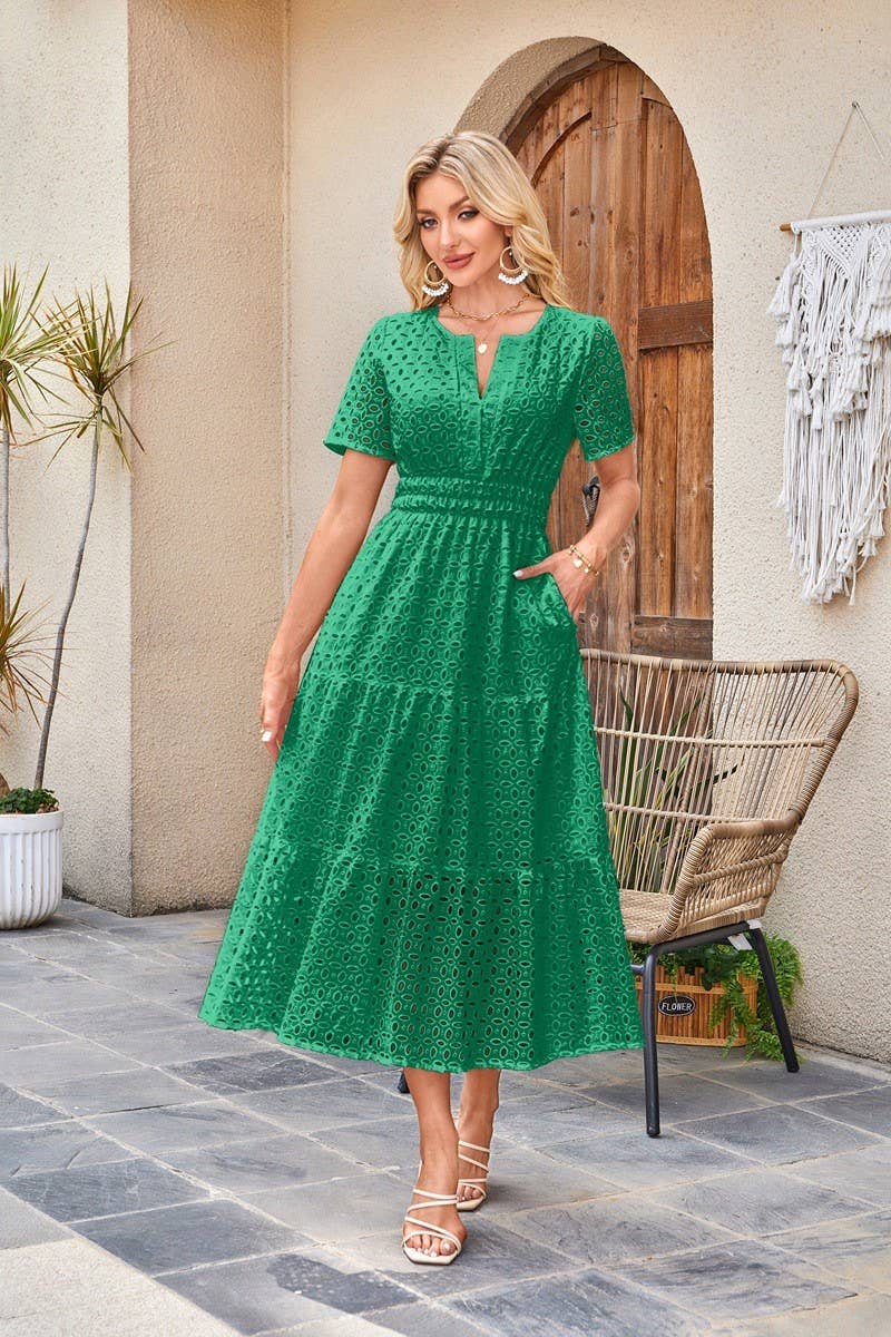 CWDMD6339_V-NECK HOLLOW EYELET PLEATED SHORT SLEEVE DRESS