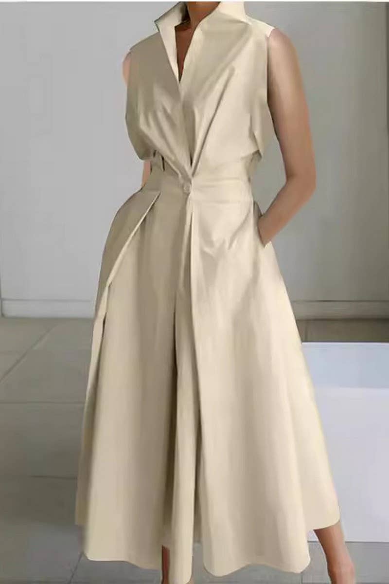 CWDMD01052_SUMMER COMMUTING V-NECK BUTTON-DOWN DRESS