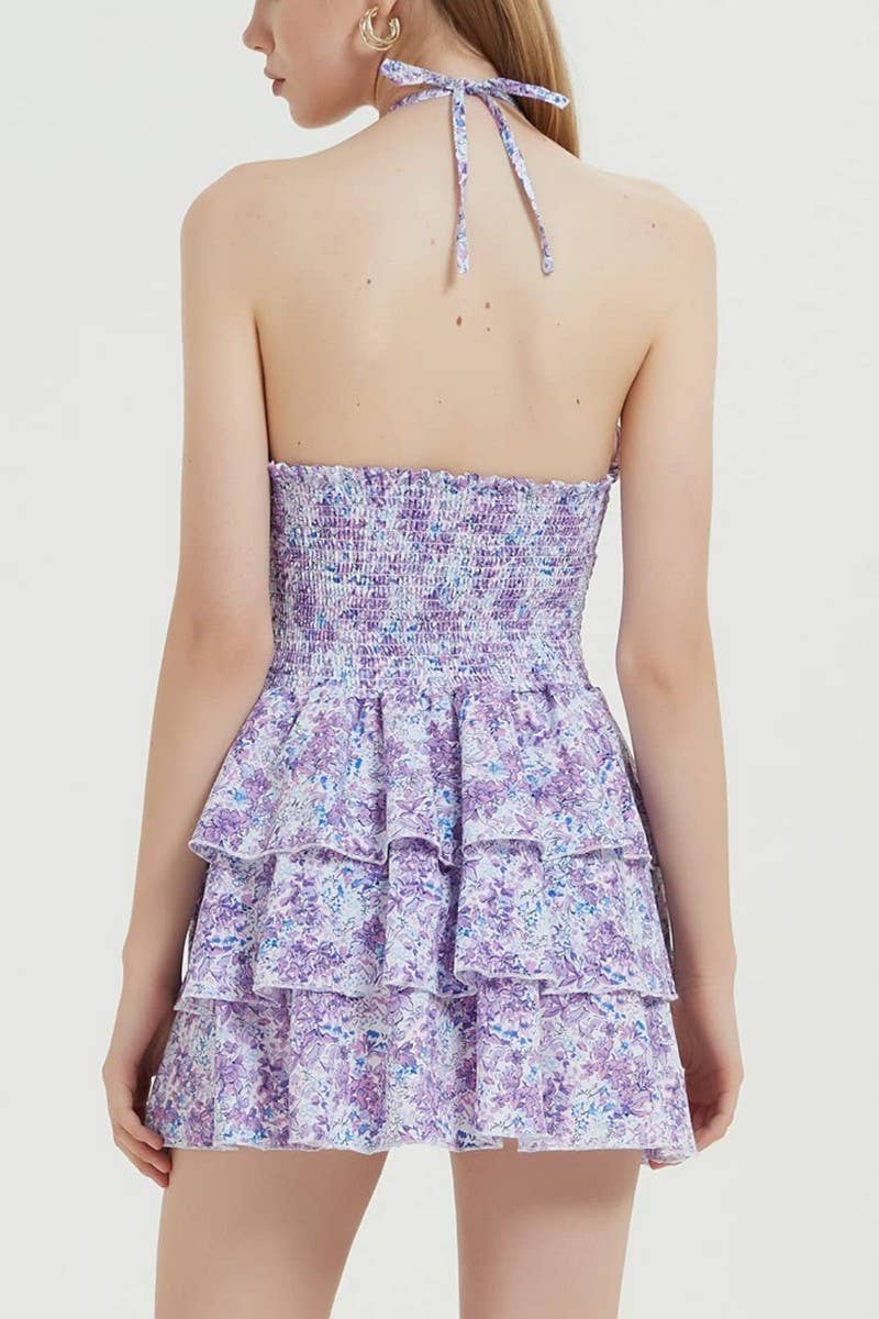 CWDHL1031_FLORAL HALTER WAIST RUCHED PUFF ROMPER DRESS