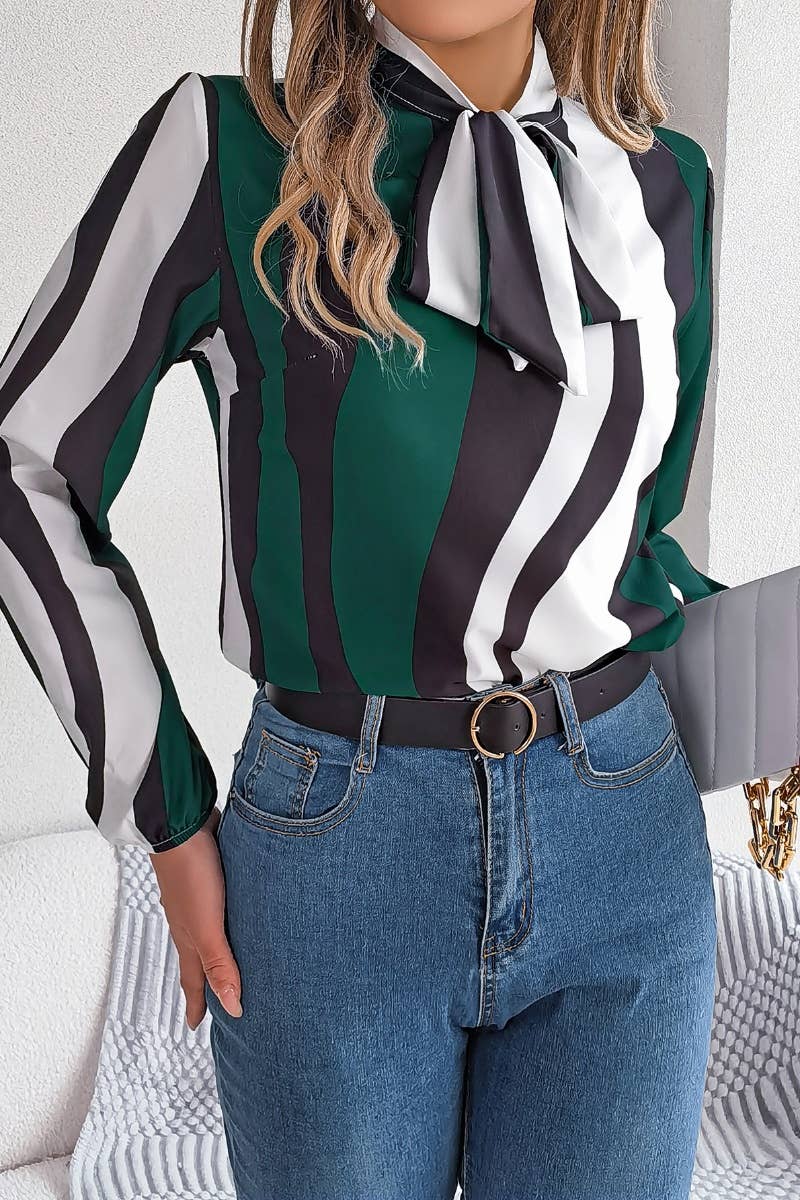 CWTSTL1207_LONG SLEEVE STRIPED LACE-UP CHIFFON SHIRT TOP