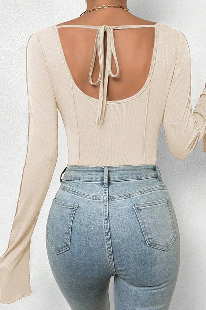 CWSBSL0096_SQUARE NECK TRUMPET SLEEVE OPEN BACK BODYSUIT