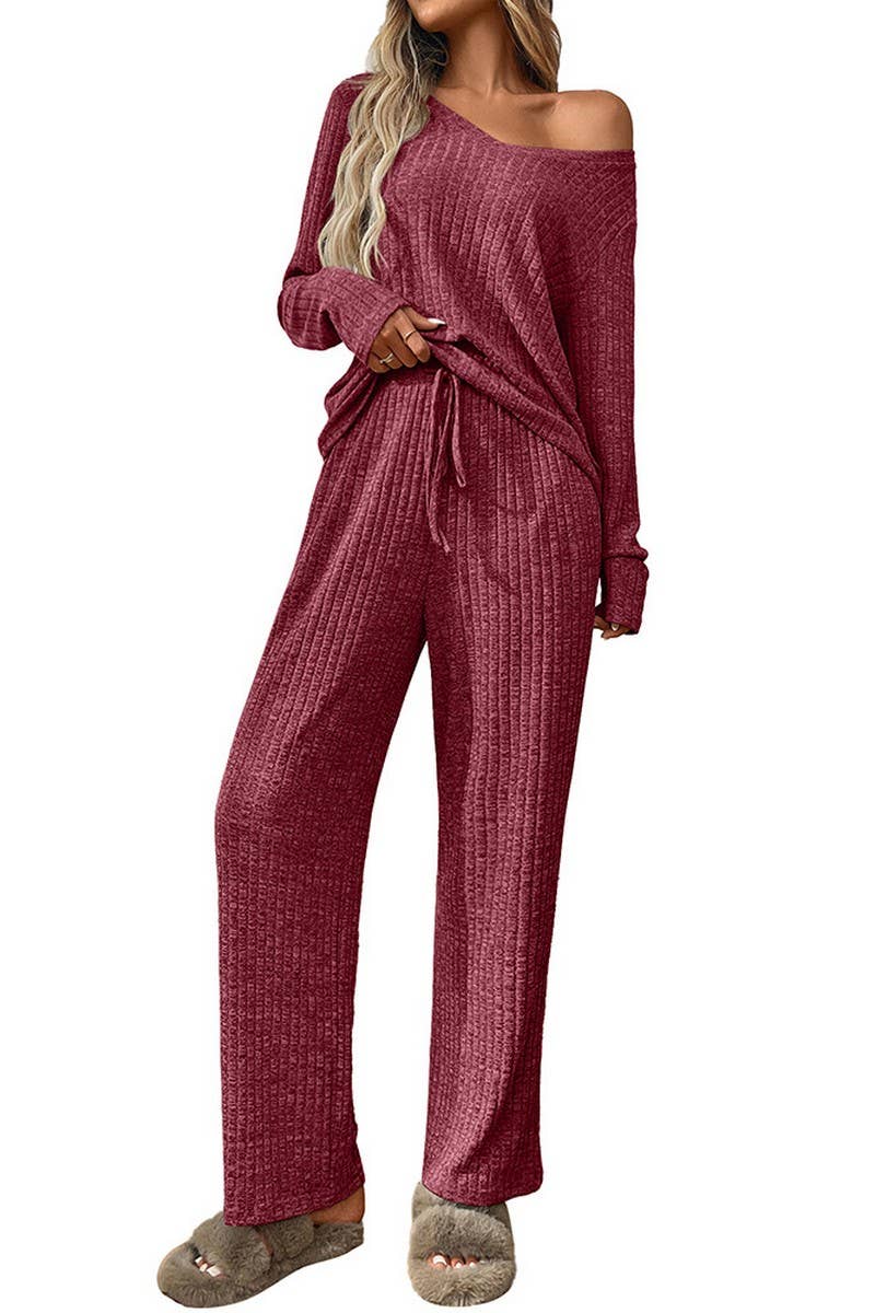 CWOSWL07636_RIBBED PAJAMA SET WOMEN LONG SLEEVE TOP AND PANT